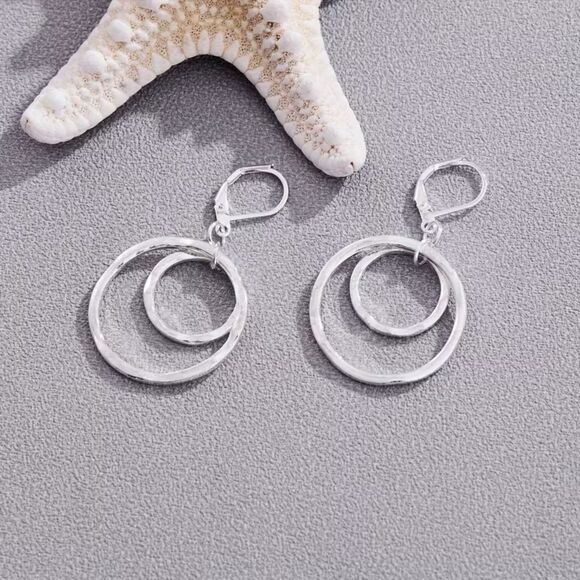 Double Circle Pendant Dangle Silver Earrings Cut Out Ring Drop Textured Jewelry - Picture 2 of 5